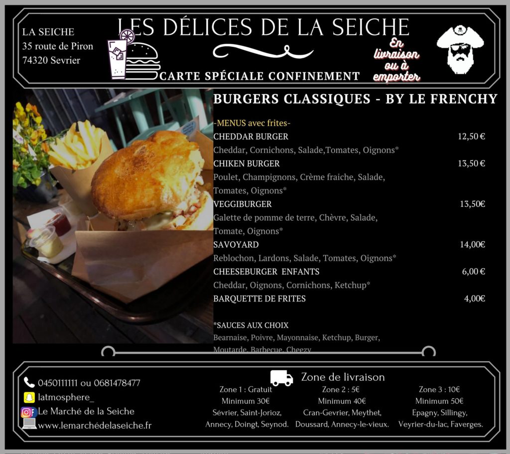 Région Annecy - menus burgers et boissons en livraison et à l'emporter.