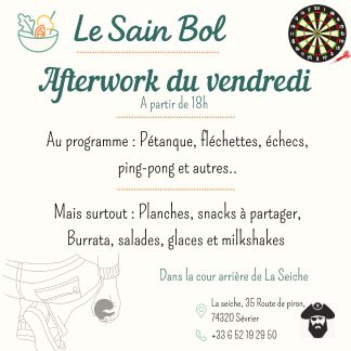 Afterwork du vendredi au Sain Bol (La Seiche, Sevrier, Haute-Savoie). Terrasse, jeux, apéro