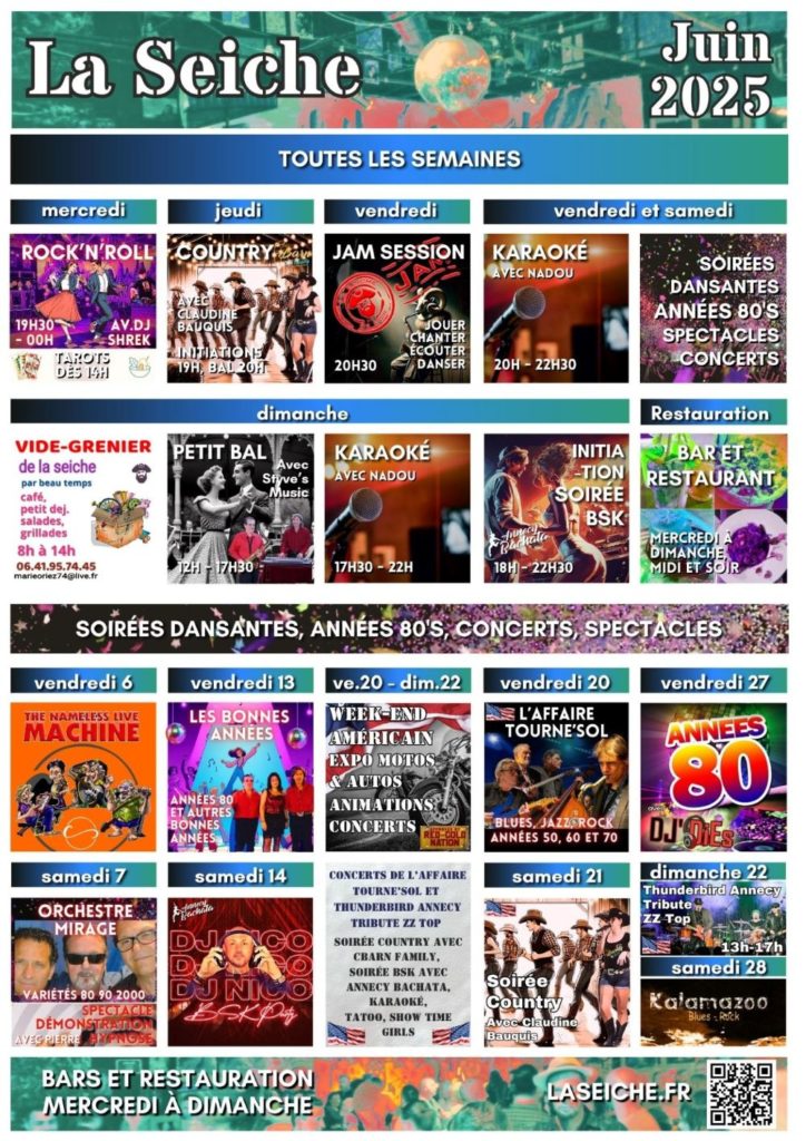 La Seiche à Sevrier (Annecy, 74), programme juin. soirées dansantes, concerts, animations