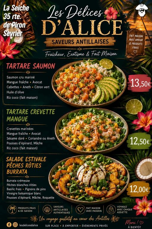 Carte d'été, salades et tartare antillais, La Seiche à Sevrier